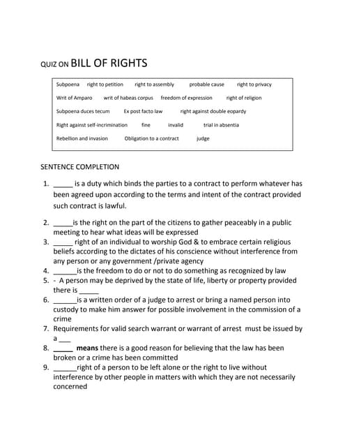 Quiz upon invoice of legal rights image relating to Bill of Rights Quiz Printable referred to as Quiz upon invoice of legal rights